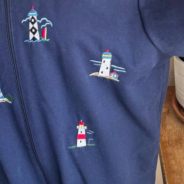 Vintage Lighthouse Embroidered‎ Zip Up Jacket Navy Coastal S - Image 6