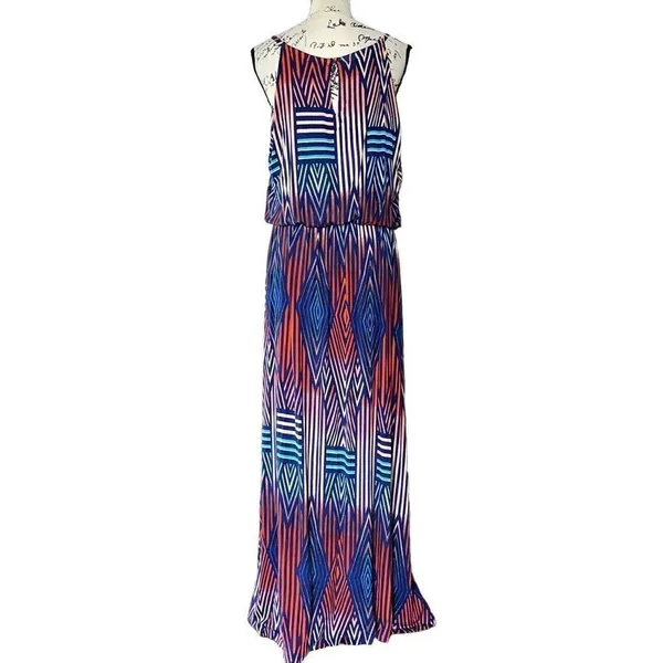 Allison‎ Brittney Blue Orange Geometric Sleeveless Maxi Dress Large NWT - Image 4