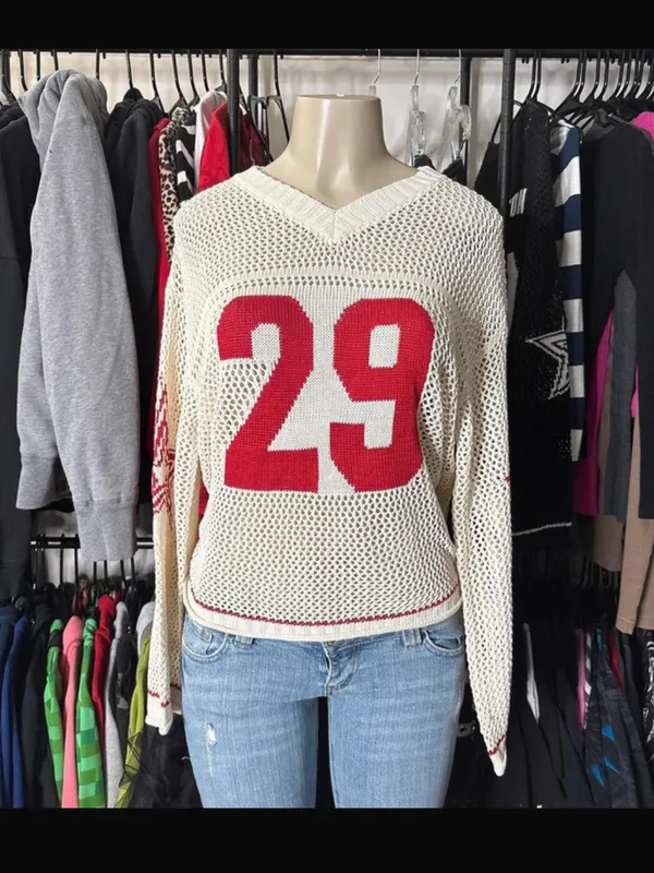 Y2k Graphic Oversized Crochet Jersey Shirt V Neck Long Sleeve Knit Pullover S - Image 6