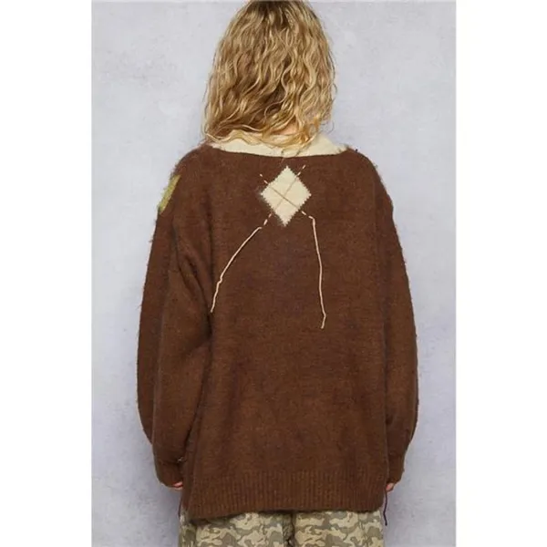 POL V-Neck Argyle Pattern Mohair Sweater with‎ Contrast Exposed Stitch Detail - Image 15