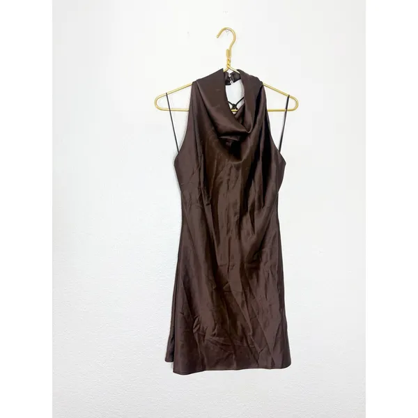 NWT Zara Brown Satin Jewelry Back Mini Dress Size Small High Neck Cocktail - Image 4