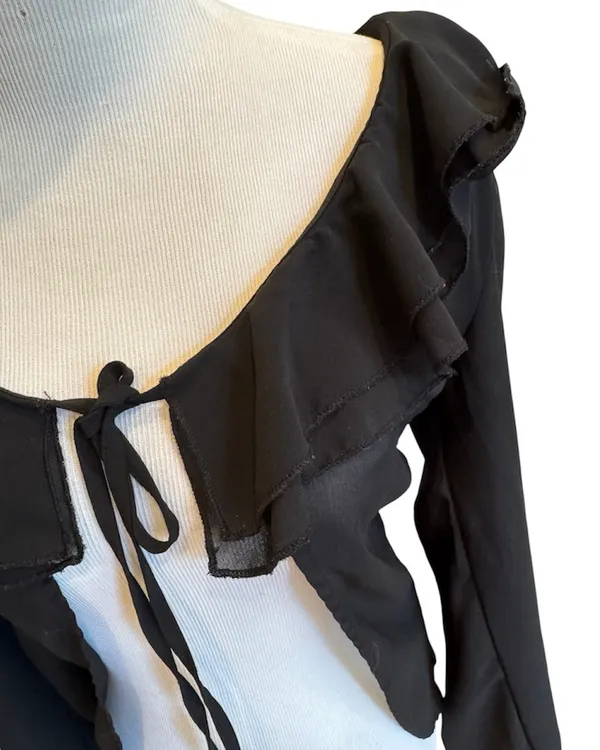 Princess Polly Black Sheer Tie Front Ruffle Blouse Long Sleeve 6 S - Image 3