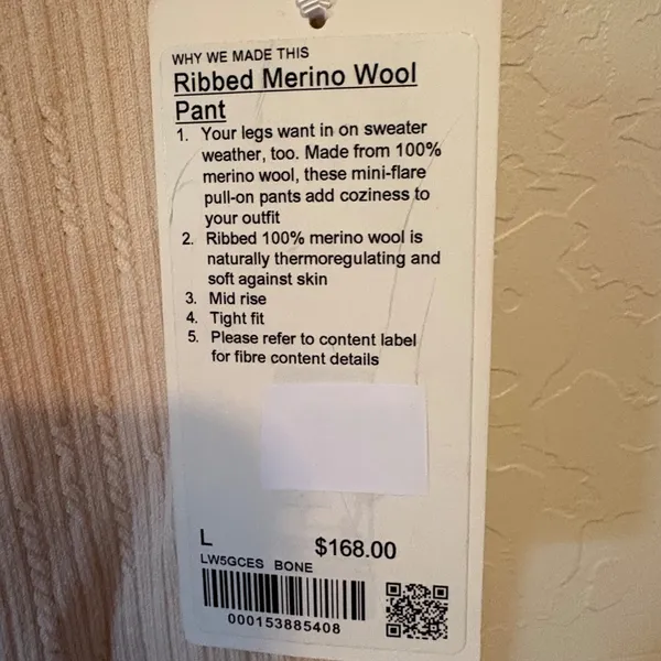 Lululemon Ribbed Merino Wool-Blend Pant. NWT Sz Large Color: Bone - Image 8