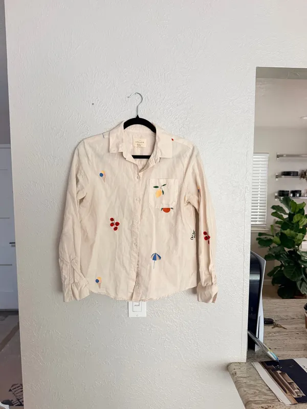 Sézane x Pangea Tomboy Shirt Fruit Floral Embroidered Ecru Linen Button down - Image 5