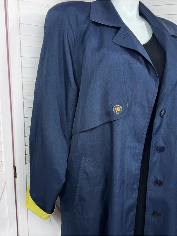 Vintage 90s Gantos Long Trench Rain Coat Navy Blue Yellow Size 14 Oversized - Image 5