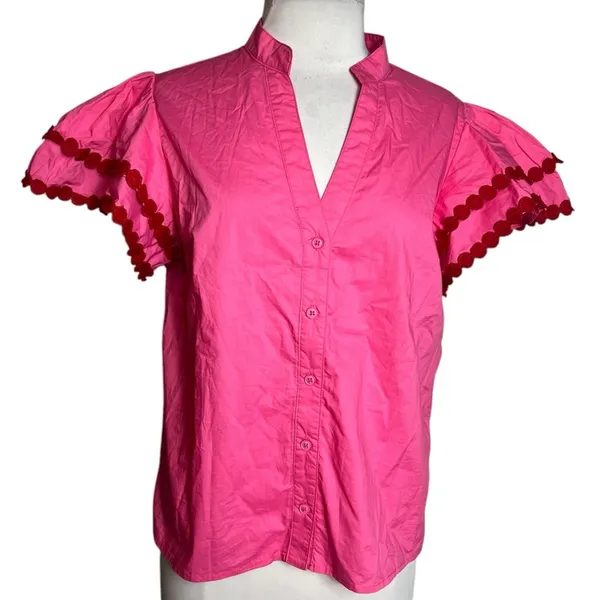 NWT Bibi Pink V Neck‎ Poplin Blouse puff shoulder Sz S - Image 5
