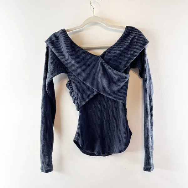 Free People Marley Off Shoulder Fitted Blouse Top Buffy Rib Poppy Seed Black XS - Image 5