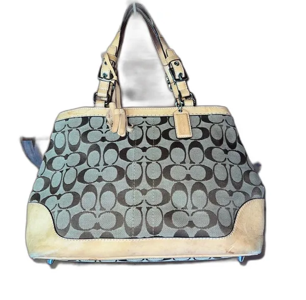 Coach Hampton Signature Monogram Brown Tan Leather Trim Tassel Handbag Purse - Image 3