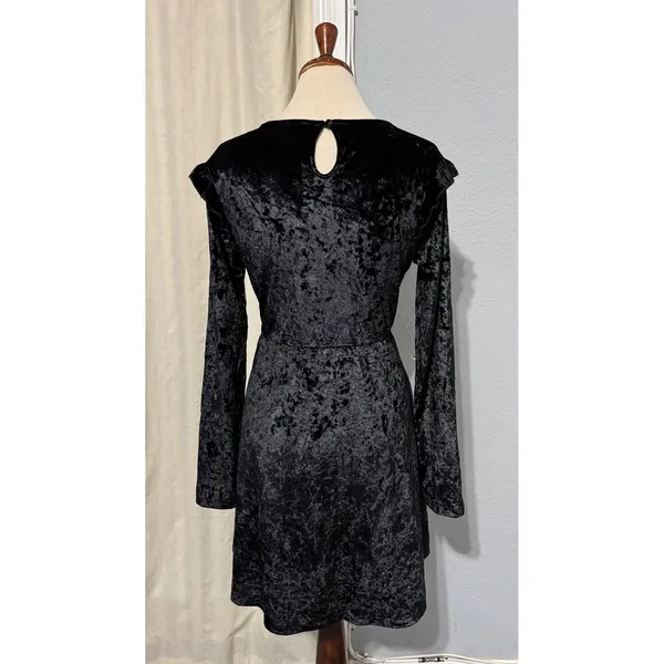 Mossimo Supply Black Velvet Crushed Long Sleeve Ruffle Trim Whimsigoth Dress L‎ - Image 7