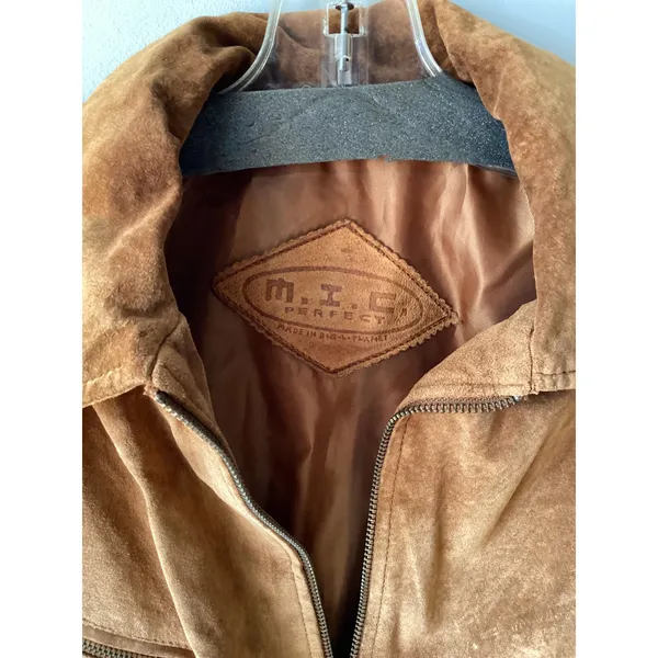 M.I.C Vintage Brown Suede Leather Safari Style Belted Zip Up Jacket M/L - Image 3