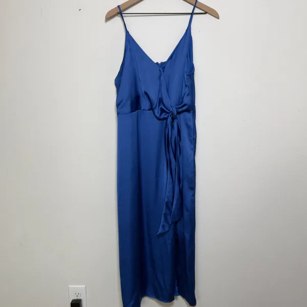 Anthropologie Chelsea28 Women Dress XL Blue Satin‎ Faux Wrap Midi Party Cocktail - Image 3