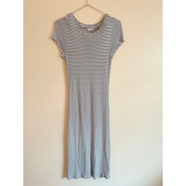 Club Monaco Dress Womens Small White Navy Striped Short Sleeve Bodycon Midi‎ - Image 2