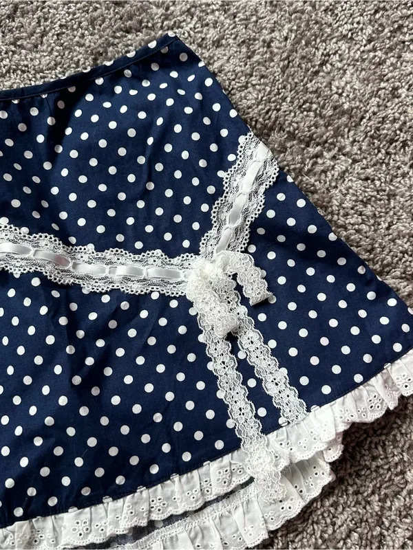 Sugar Thrillz Navy and White Polka Dot Lace-Trim Mini Skirt - Image 3