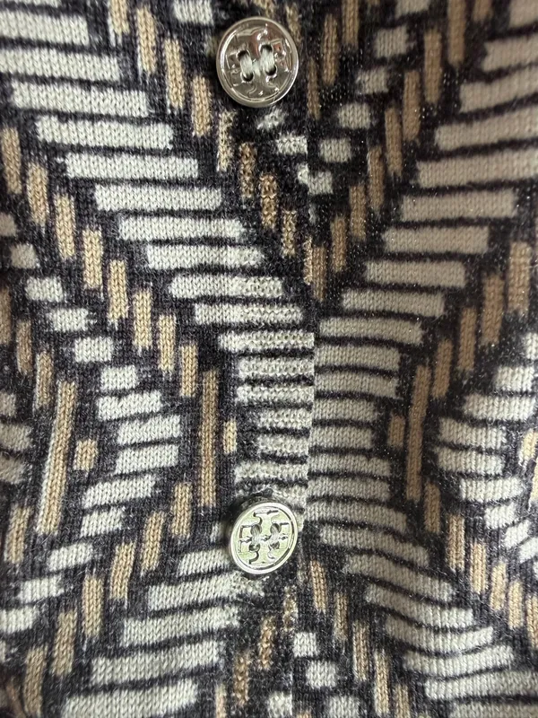 Tory Burch Button Up Cardigan Women's Geometric Sleeve Stretch 100% Wool Size:L - Image 4