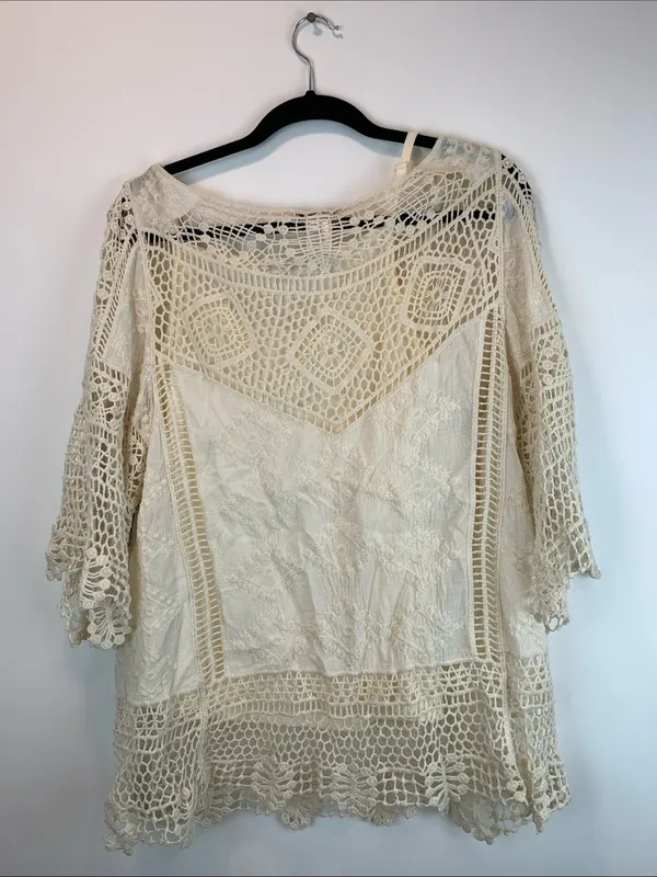 Democracy crochet 3/4 sleeve sz L whimsical boho resort vacation sheer indie - Image 5