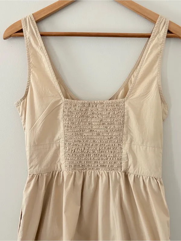 J Crew Button-front 100% cotton poplin midi dress smocked back sleeveless tan 4 - Image 9