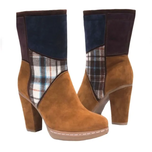Muk Luks Nola brown:suede vegan boho patchwork heeled boots - Image 15