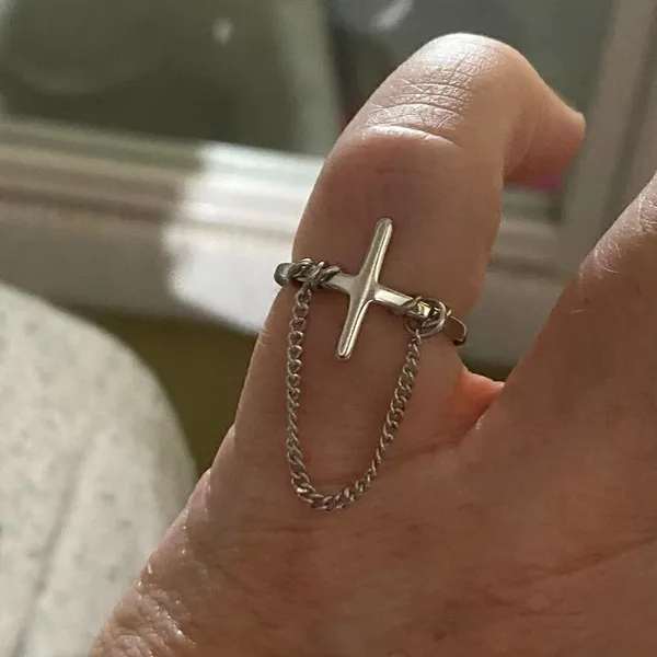 Titanium Steel Cross Minimalist Band Ring Adjustable Silver - Image 4