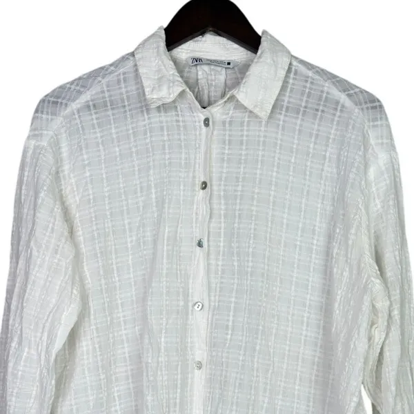 Zara Relaxed Lightweight Fit Cotton Button Down Collar Shirt Long Sleeve M White - Image 3