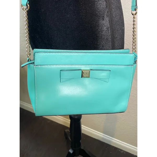 Kate Spade Montford Park Teal Small Crossbody Bag Bow Leather Chain Strap Chic - Image 2