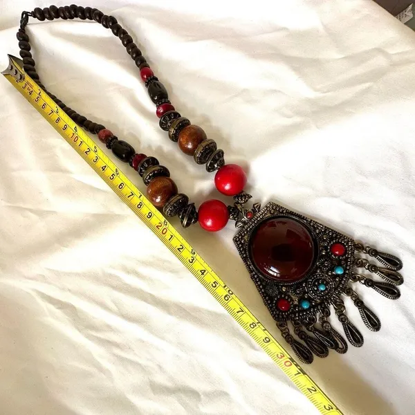 Ethnic wood beaded large pendant necklace - Image 7
