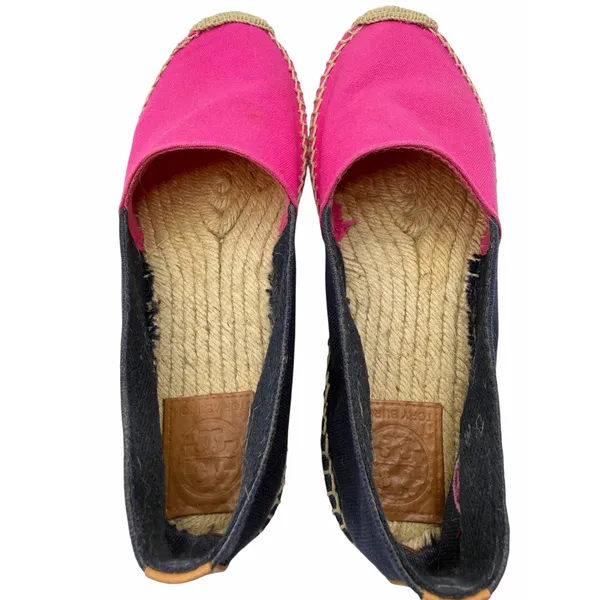 Tory Burch Colorblock Pink Navy Canvas Espadrille Flats Jute Double T Logo Sz 9 - Image 6