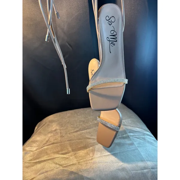 So Me Nude Lace Up Rhinestone Square Toe Clear Flared Stiletto Heels Size 7 - Image 2