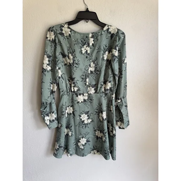 NWT Free People Sage Green White Floral Long Sleeve A-Line Mini Dress Womens 4 - Image 6
