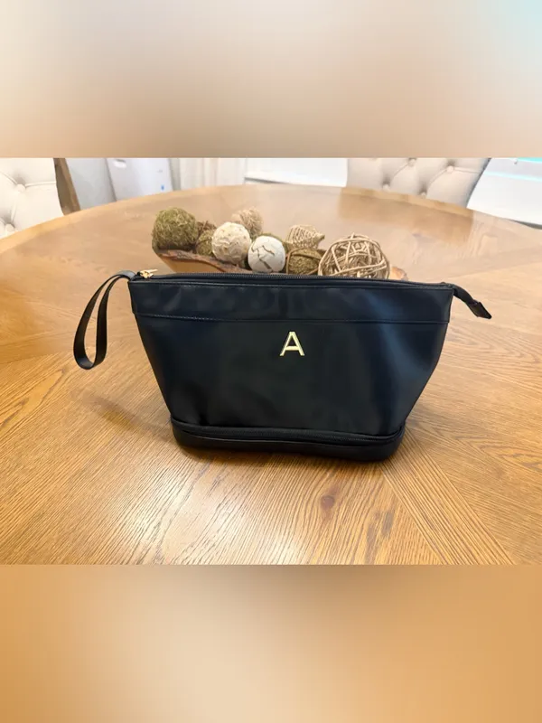 Black Nylon Travel Makeup Cosmetic Toiletry Bag Gold Initial A Wristlet 12.5” - Image 2