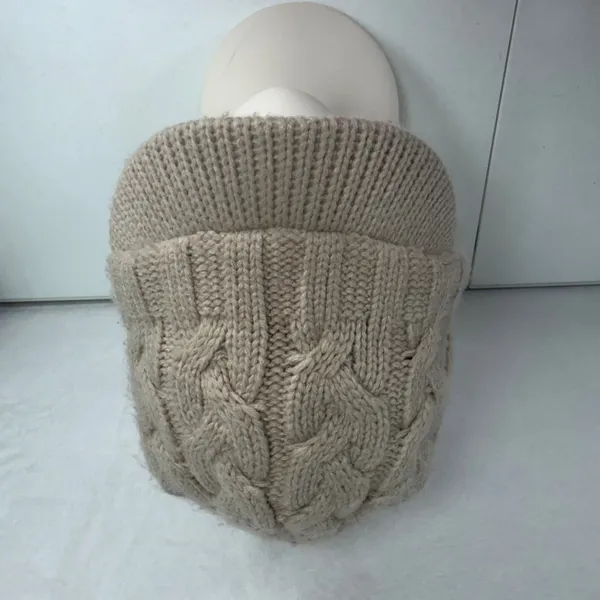 Y2K Adidas OSFM Visor Beanie Tan Cable Knit Fleece Lined Leather Logo Hat - Image 4