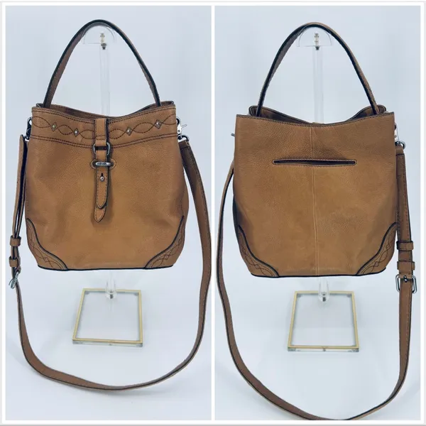 Frye Pipa Woodstock Bucket Bag Tan Leather Shoulder Crossbody Satchel - Image 3