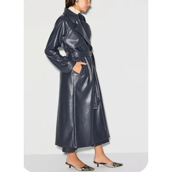 Jason Wu Navy Blue Faux Leather Trench Coat XS Double Breasted Designer $515 - Image 3