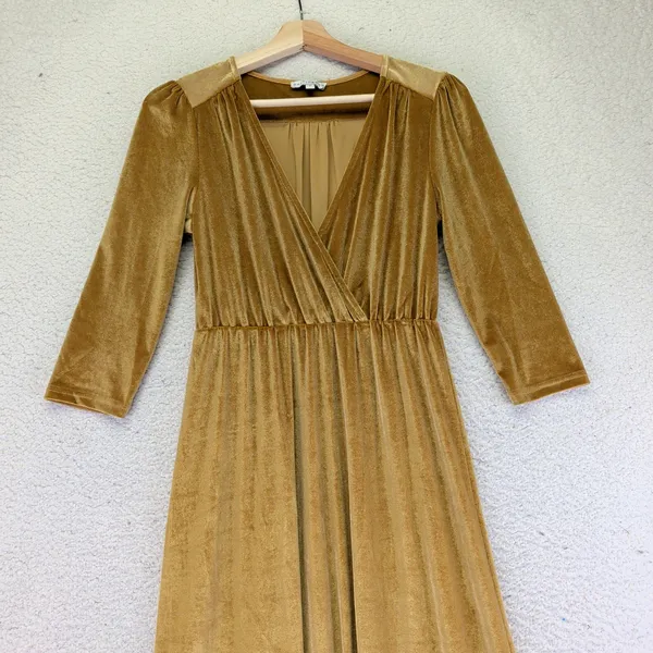 BALTIC BORN Sofia Gold Velvet Wrap‎ Maxi Dress Long Sleeve Women's Small - Image 5