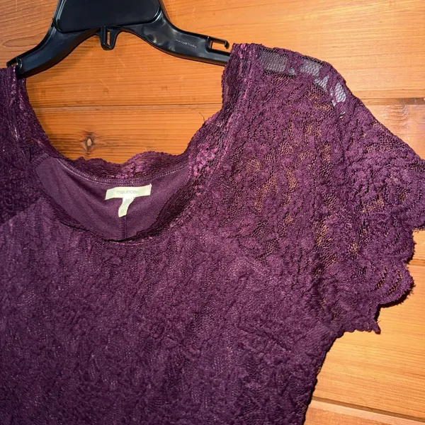 Maroon Floral Lace Sheath Dress Short Sleeve Scalloped Lined Knee Length Medium - Image 5