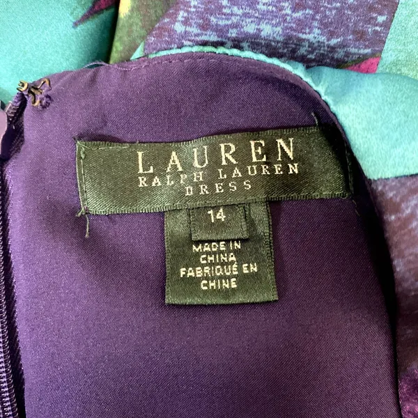 Lauren Ralph Lauren Satin Drape Front Ruched Dress‎ Floral Purple Teal Size 14 - Image 5