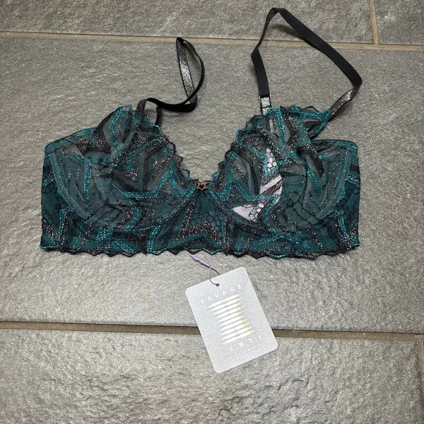 Savage X Fenty Shining Star Embroidered Unlined Demi Bra Wildflower Blue 32D - Image 4