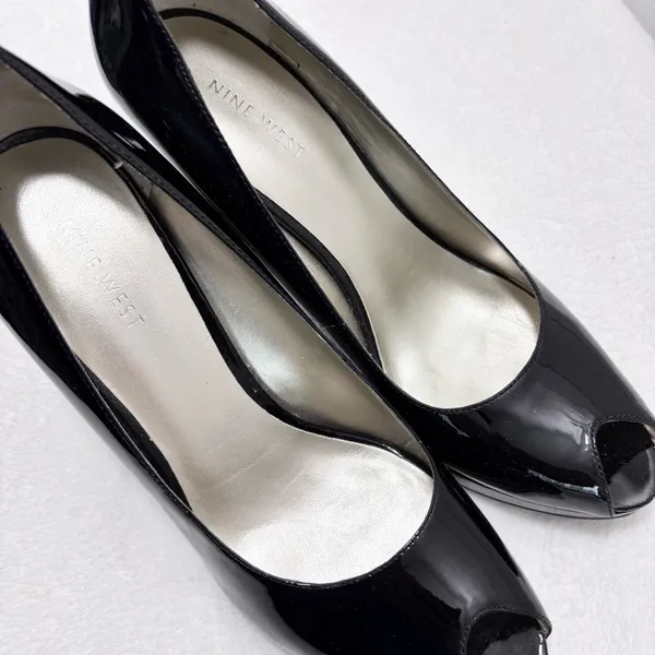 Nine West Black Peep Toe Heels Patent Upper Leather Open Toe Heels Pumps Size 9M - Image 6