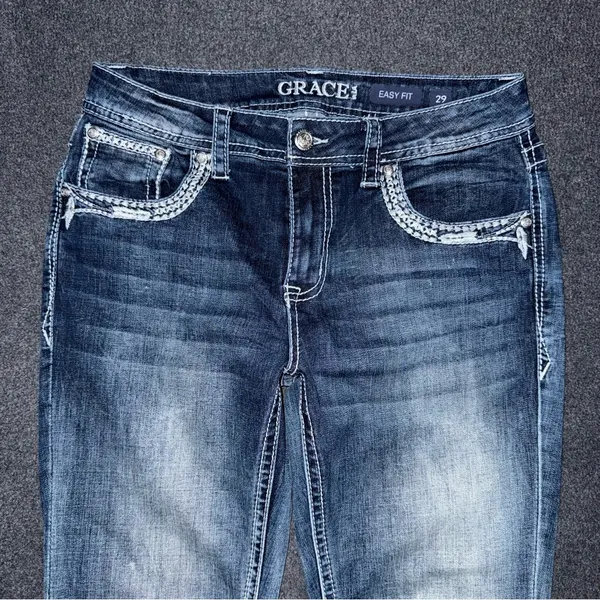 Grace In LA Women’s Feather Aztec Embellished Bootcut Blue Jeans Size 29 x 34 - Image 3
