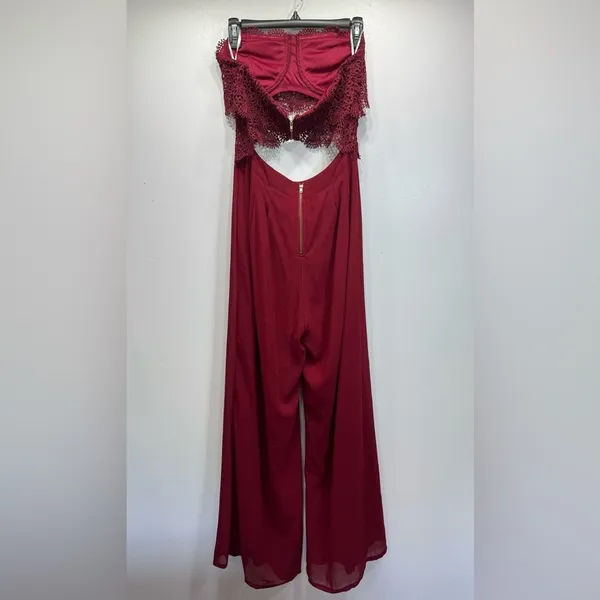Papaya Burgundy Maroon Jumpsuit Lace Top Bare Midriff Open Back Wide Leg Sheer Overlay - Image 3