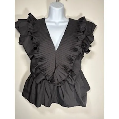 Entro Black Ruffled Peplum Top V-Neck Smocked Pleated‎ Blouse Size Large Chic - Image 2