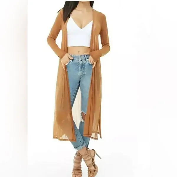 Julia by Love J Cardigan Brown‎ Sheer Mesh Whimsical Duster Cardigan Women M - Image 3