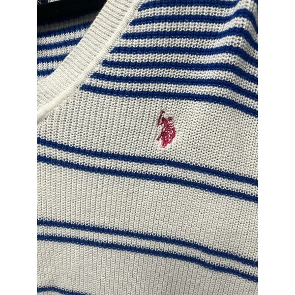 US‎ POLO ASSN WOMEN'S SWEATER NAUTICAL STRIPED V-NECK WHITE BLUE sz LARGE - Image 6
