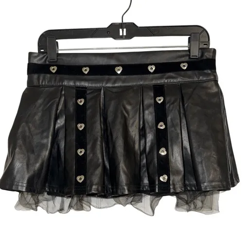 BODY RAGE SPENCERS Black Faux Leather‎ Skirt With Tulle Hem Silvertone Hearts L - Image 2