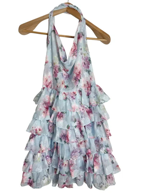 Lulus Trending Adorable Light Blue Floral Tiered Halter Mini Chiffon Dress sz L - Image 2
