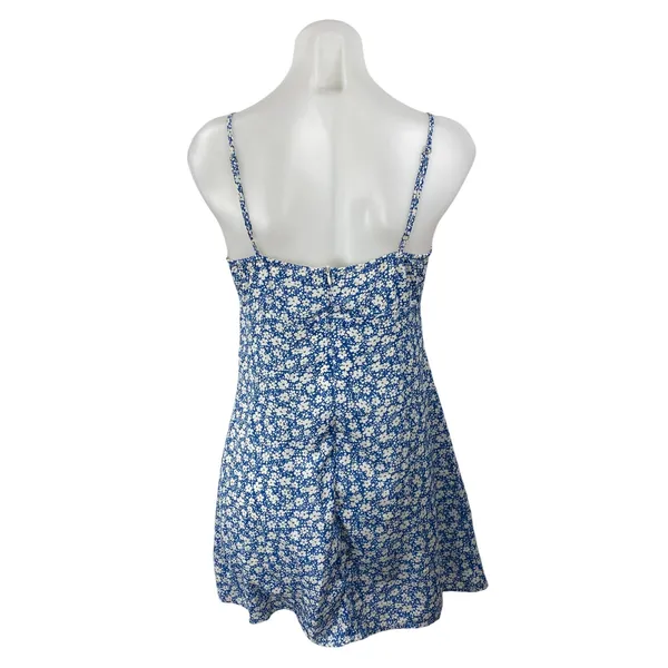 Lulus Blue Floral Shirred Sleeveless Tie Scoop Cami Camisole Mini Slip Dress S - Image 4