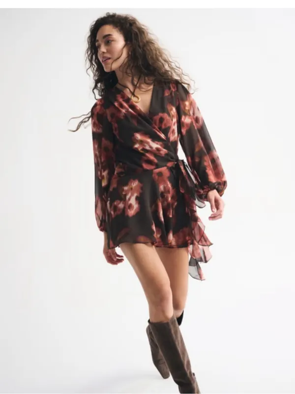 Abercrombie & Fitch Long-Sleeve Plunge Wrap Mini Dress - Image 4
