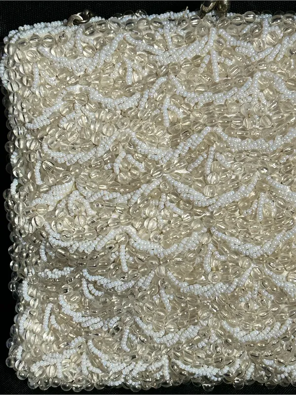 Ivory Beaded Evening Shoulder Hand Bag with Chain Strap Rhinestone Accent - Image 3