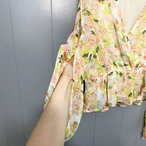 Lulus Spring Vibes White Floral Print Cutout Long Sleeve Peplum Top XL - Image 6
