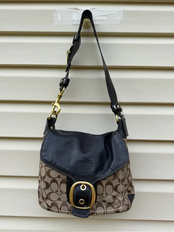 Coach Bleecker Signature Buckle Flap Shoulder Bag Style 11434 Black Brown - Image 2