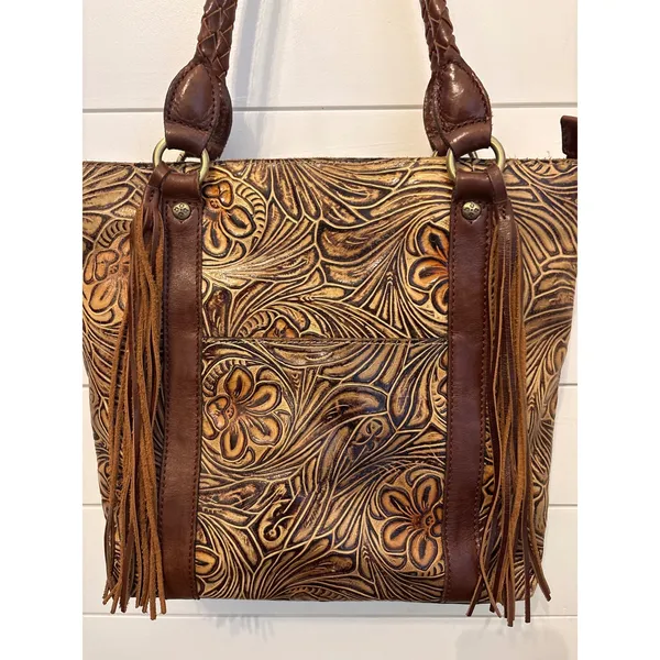 Patricia Nash Tooled Leather Fringe Tote Bag Purse Brown Floral‎ Western - Image 2